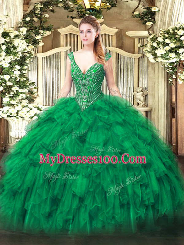 Green Organza Lace Up V-neck Sleeveless Floor Length Sweet 16 Dress Beading and Ruffles