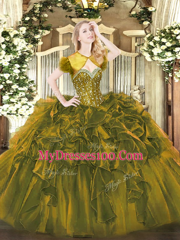 Romantic Organza Sweetheart Sleeveless Lace Up Beading and Ruffles 15th Birthday Dress in Brown