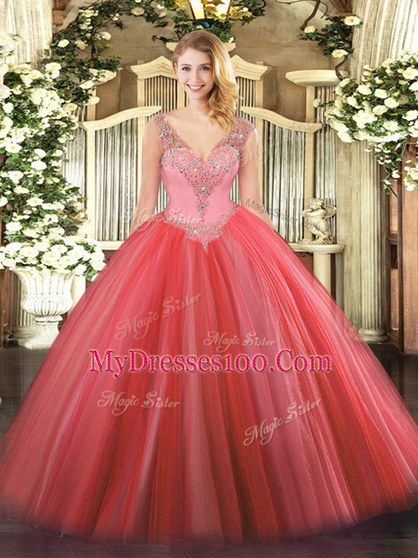 Fitting Coral Red Lace Up Quinceanera Dresses Beading Sleeveless Floor Length