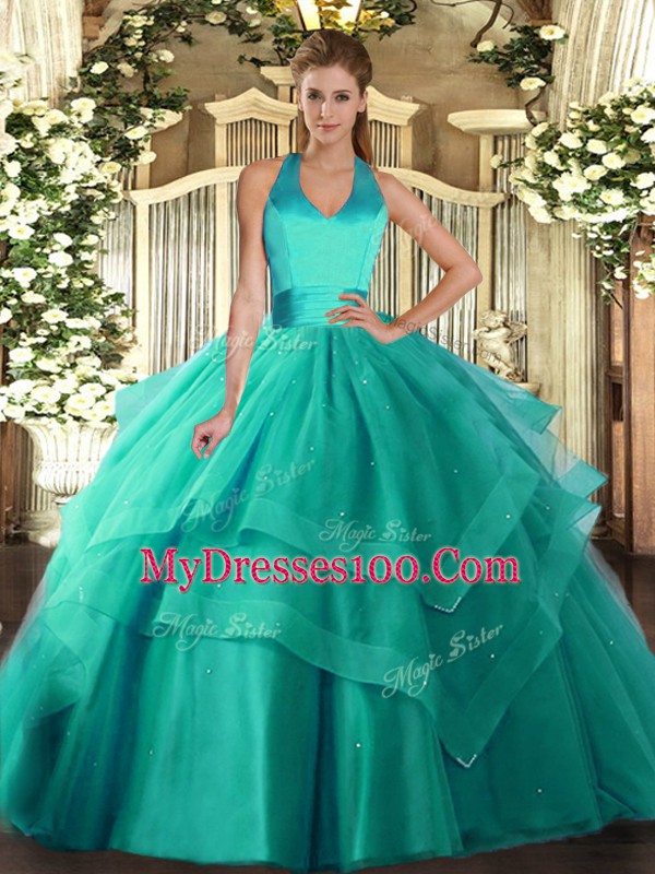 Top Selling Turquoise Halter Top Lace Up Ruffled Layers Vestidos de Quinceanera Sleeveless