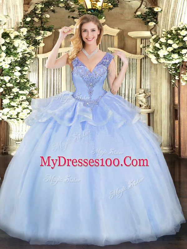 Lavender Ball Gowns Tulle V-neck Sleeveless Beading Floor Length Lace Up Quince Ball Gowns