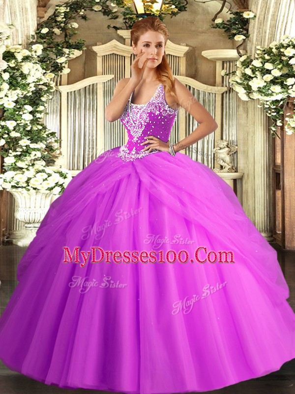Modest Ball Gowns Quinceanera Dresses Lilac Straps Tulle Sleeveless Floor Length Lace Up
