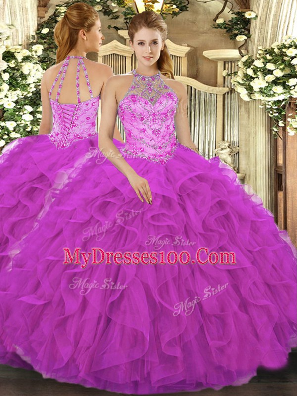 Enchanting Sleeveless Beading and Embroidery and Ruffles Lace Up Vestidos de Quinceanera