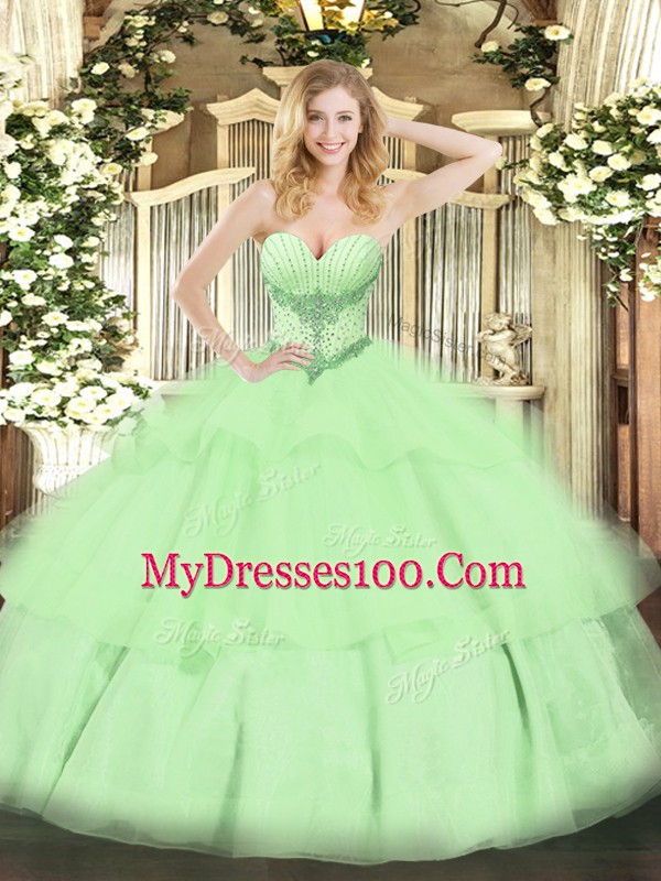 Pretty Yellow Green Tulle Lace Up Quinceanera Dress Sleeveless Floor Length Beading and Ruffled Layers