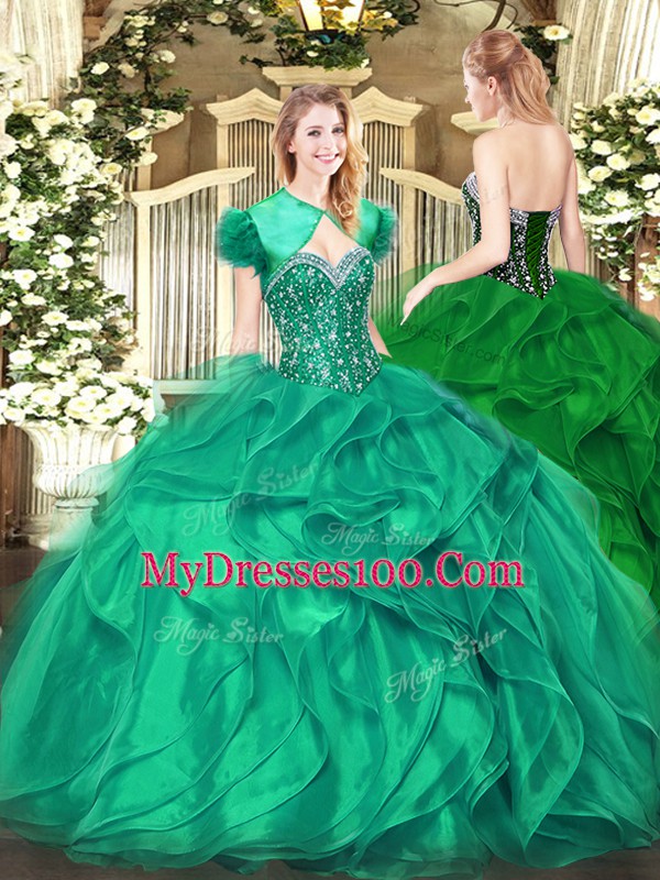Turquoise Organza Lace Up Sweetheart Sleeveless Floor Length Quinceanera Gowns Beading and Ruffles