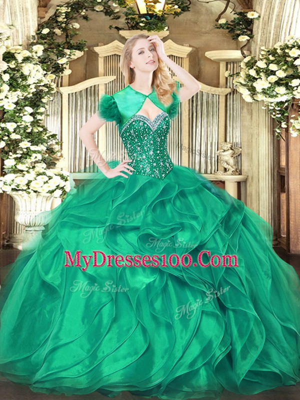 Turquoise Organza Lace Up Sweetheart Sleeveless Floor Length Quinceanera Gowns Beading and Ruffles