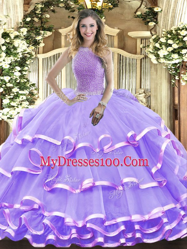 Lavender Ball Gowns High-neck Sleeveless Organza Floor Length Lace Up Beading and Ruffled Layers Quince Ball Gowns