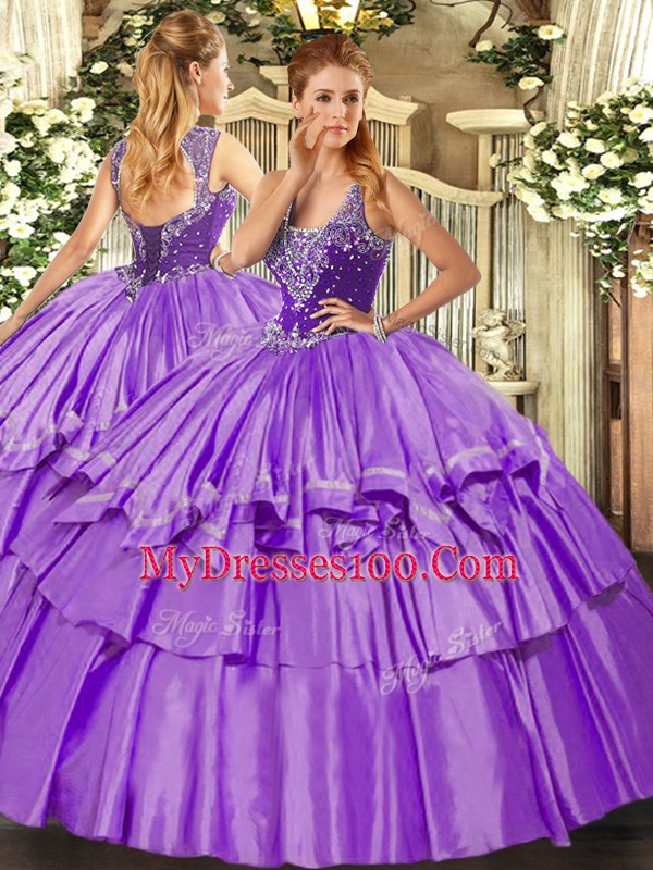 Custom Design Lavender Ball Gown Prom Dress Military Ball and Sweet 16 and Quinceanera with Beading and Ruffled Layers Straps Sleeveless Lace Up