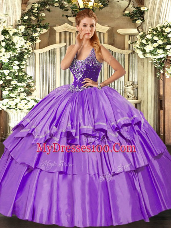 Custom Design Lavender Ball Gown Prom Dress Military Ball and Sweet 16 and Quinceanera with Beading and Ruffled Layers Straps Sleeveless Lace Up