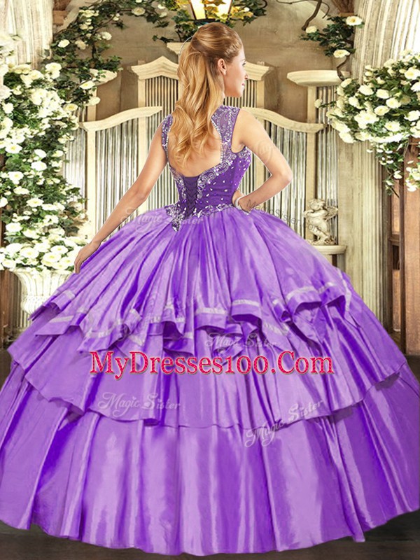 Custom Design Lavender Ball Gown Prom Dress Military Ball and Sweet 16 and Quinceanera with Beading and Ruffled Layers Straps Sleeveless Lace Up