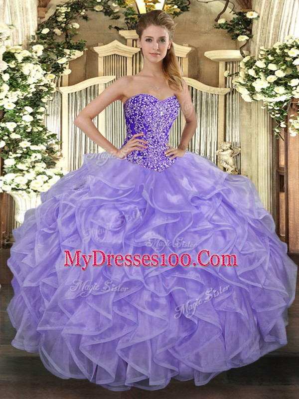 Customized Floor Length Ball Gowns Sleeveless Lavender Quince Ball Gowns Lace Up