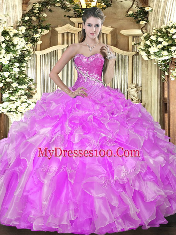 Floor Length Lace Up 15 Quinceanera Dress Lilac for Military Ball and Sweet 16 and Quinceanera with Beading and Ruffles