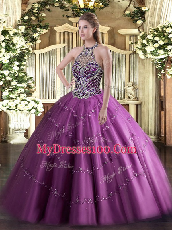 Unique Lilac Ball Gowns Halter Top Sleeveless Tulle Floor Length Lace Up Beading Quince Ball Gowns