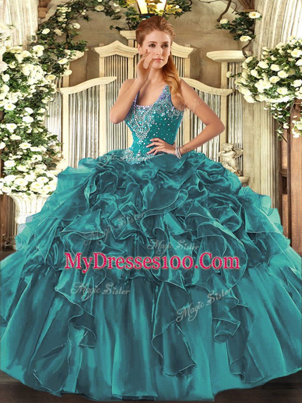 Straps Sleeveless Lace Up Vestidos de Quinceanera Teal Organza