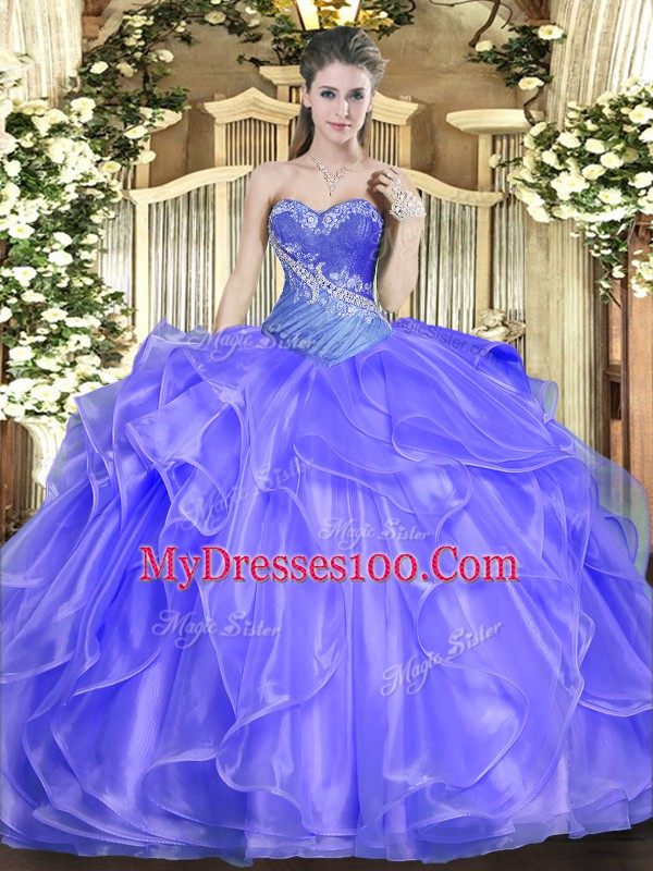 Custom Designed Sweetheart Sleeveless Lace Up Quinceanera Dress Blue Organza