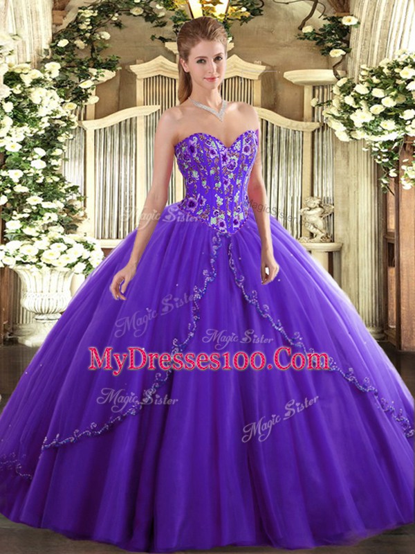 Flirting Lace Up Quinceanera Dresses Purple for Military Ball and Sweet 16 and Quinceanera with Appliques and Embroidery Brush Train