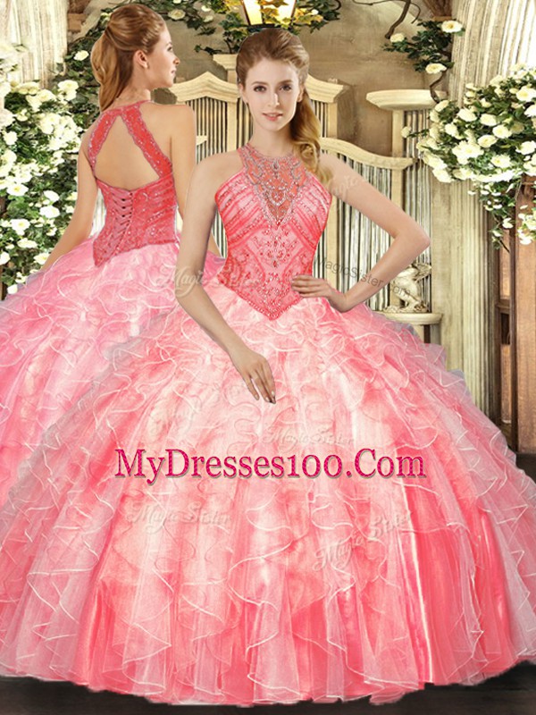 Watermelon Red Sleeveless Beading and Ruffles Floor Length Sweet 16 Dress