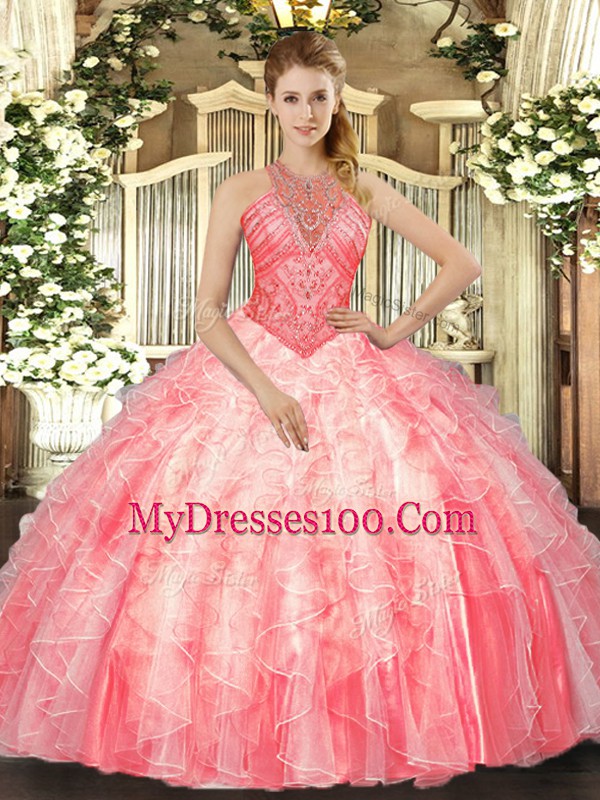 Watermelon Red Sleeveless Beading and Ruffles Floor Length Sweet 16 Dress