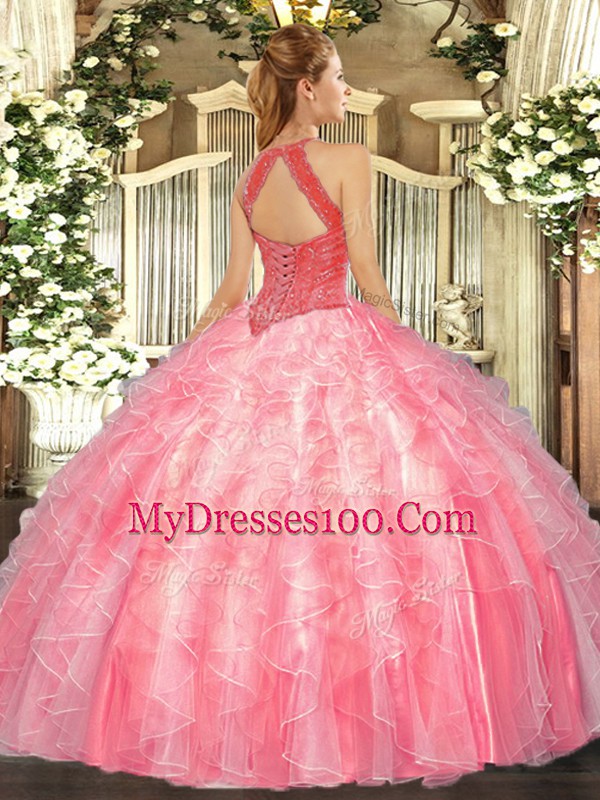 Watermelon Red Sleeveless Beading and Ruffles Floor Length Sweet 16 Dress