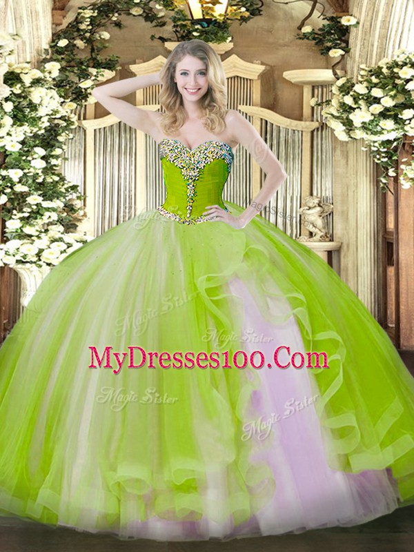 Custom Made Sweetheart Sleeveless Lace Up Ball Gown Prom Dress Yellow Green Tulle