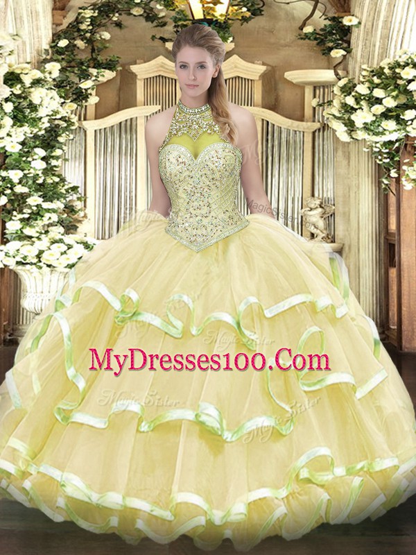 Light Yellow Ball Gowns Halter Top Sleeveless Organza and Tulle Floor Length Lace Up Beading and Ruffled Layers Quinceanera Gown