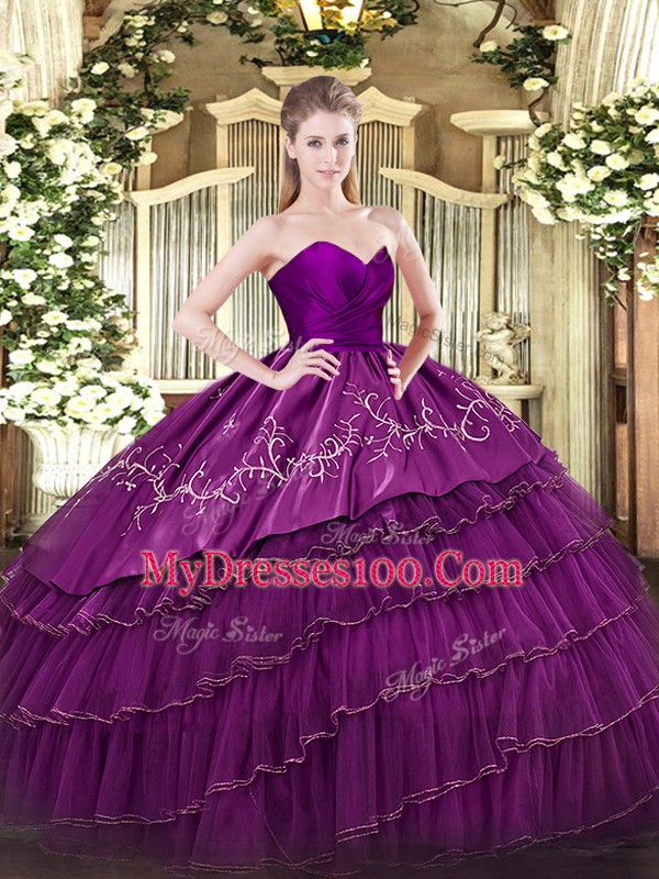 Eggplant Purple Sleeveless Floor Length Embroidery and Ruffled Layers Zipper Quinceanera Dress