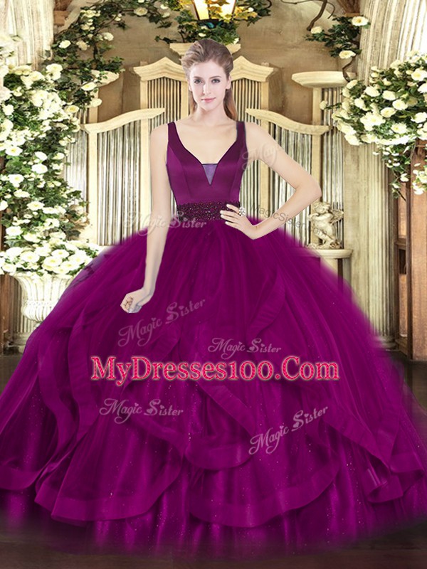 Fuchsia Tulle Zipper Straps Sleeveless Floor Length Sweet 16 Dress Beading and Ruffles
