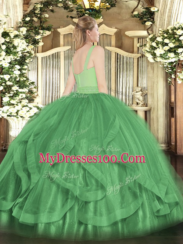 Fuchsia Tulle Zipper Straps Sleeveless Floor Length Sweet 16 Dress Beading and Ruffles
