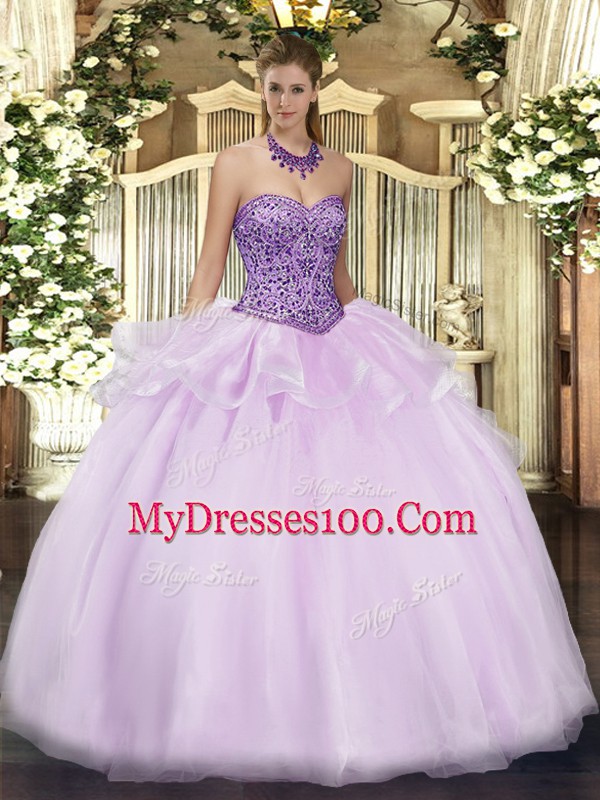 Sleeveless Tulle Floor Length Zipper Sweet 16 Dresses in Lavender with Beading and Ruffles