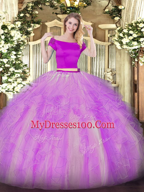 Classical Floor Length Two Pieces Short Sleeves Lilac Sweet 16 Dresses Zipper