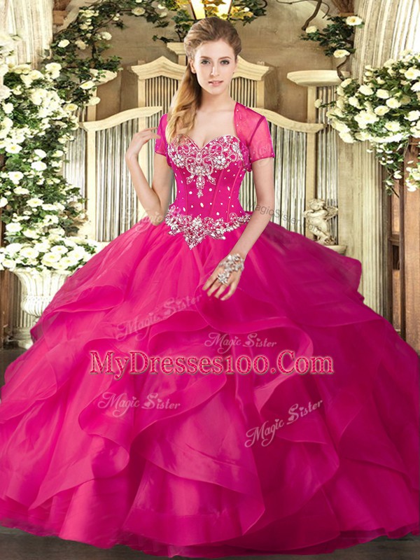 Inexpensive Sleeveless Tulle Floor Length Lace Up Ball Gown Prom Dress in Hot Pink with Beading and Ruffles