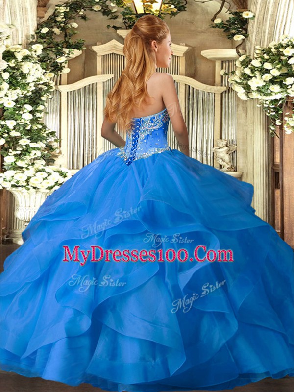 Inexpensive Sleeveless Tulle Floor Length Lace Up Ball Gown Prom Dress in Hot Pink with Beading and Ruffles