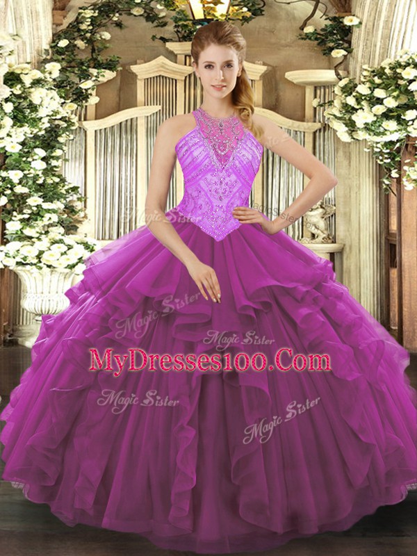 Fuchsia Sweet 16 Quinceanera Dress Military Ball and Sweet 16 and Quinceanera with Beading and Ruffles High-neck Sleeveless Lace Up