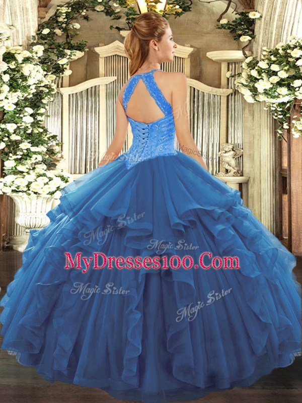 Fuchsia Sweet 16 Quinceanera Dress Military Ball and Sweet 16 and Quinceanera with Beading and Ruffles High-neck Sleeveless Lace Up
