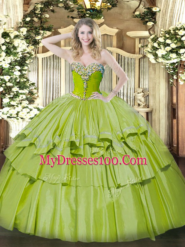Beautiful Sleeveless Organza and Taffeta Floor Length Lace Up 15 Quinceanera Dress in Olive Green with Beading and Ruffled Layers