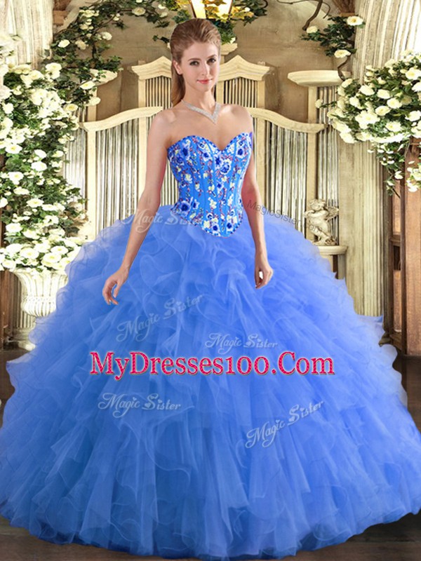 Sweet Blue Sleeveless Tulle Lace Up Quinceanera Dresses for Military Ball and Sweet 16 and Quinceanera