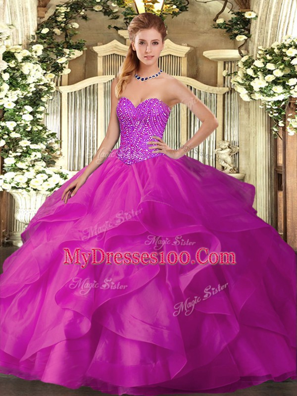 Ball Gowns Ball Gown Prom Dress Fuchsia Sweetheart Tulle Sleeveless Floor Length Lace Up