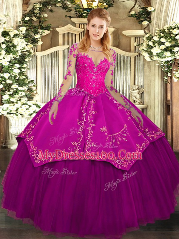 Flare Fuchsia Lace Up Scoop Lace and Embroidery 15 Quinceanera Dress Organza and Taffeta Long Sleeves