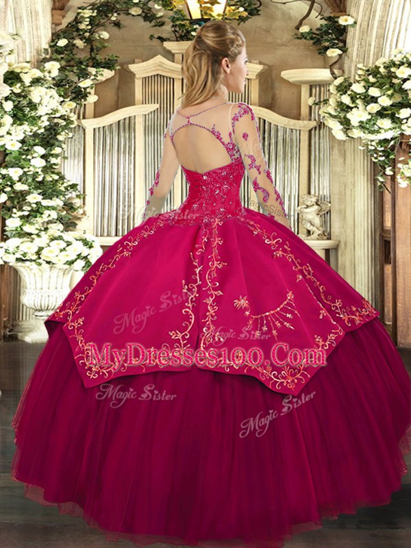 Flare Fuchsia Lace Up Scoop Lace and Embroidery 15 Quinceanera Dress Organza and Taffeta Long Sleeves