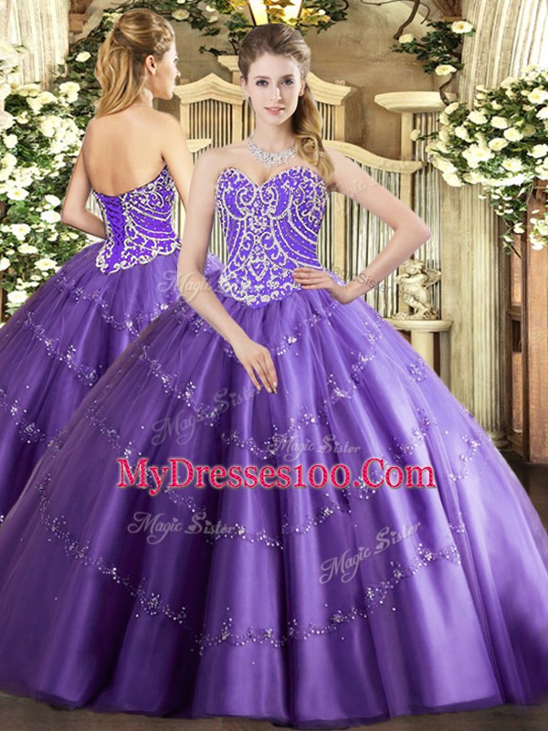 Flirting Lavender Ball Gowns Beading and Appliques Quince Ball Gowns Lace Up Tulle Sleeveless Floor Length