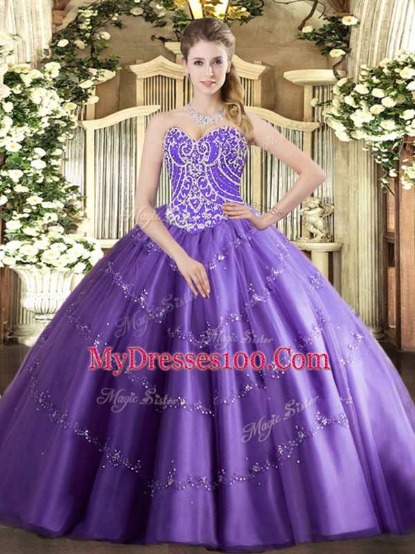 Flirting Lavender Ball Gowns Beading and Appliques Quince Ball Gowns Lace Up Tulle Sleeveless Floor Length