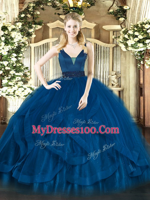 Shining Sleeveless Floor Length Beading and Ruffles Zipper Quinceanera Dresses with Royal Blue