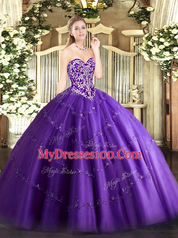 Romantic Floor Length Purple Sweet 16 Dress Tulle Sleeveless Beading and Appliques