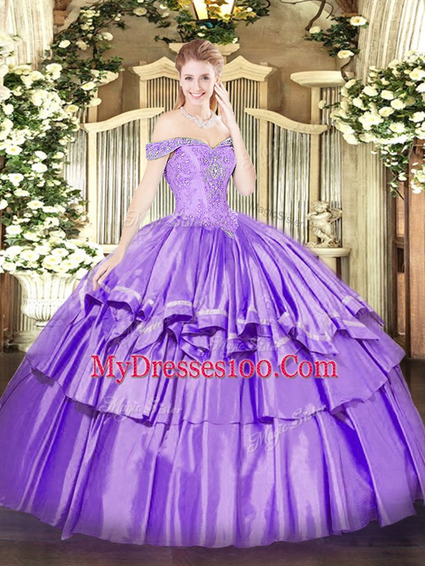 Sleeveless Organza and Taffeta Floor Length Lace Up Quinceanera Dress in Lavender with Beading and Ruffled Layers