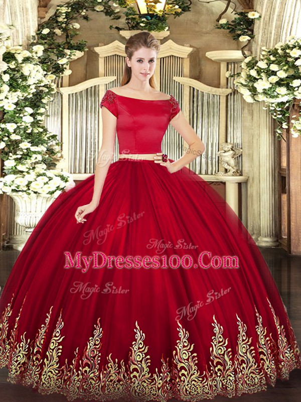 Smart Wine Red Tulle Zipper Off The Shoulder Short Sleeves Floor Length Quinceanera Gown Appliques
