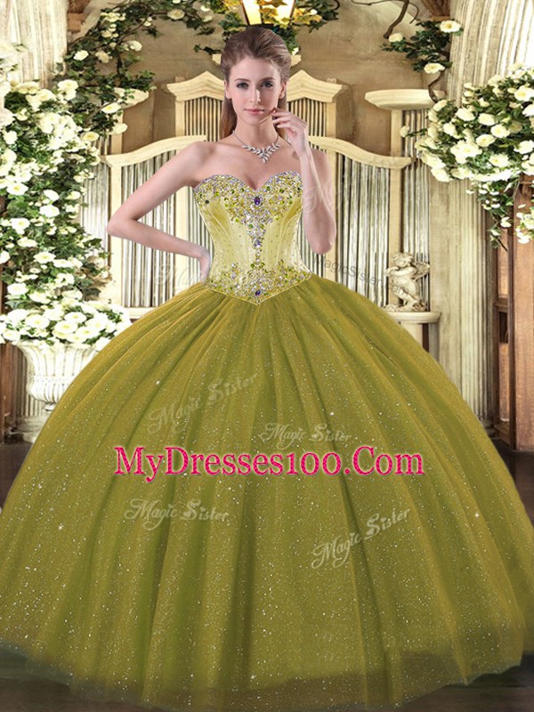 Smart Olive Green Lace Up Sweetheart Beading Quince Ball Gowns Tulle and Sequined Sleeveless
