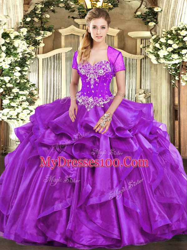 Purple Ball Gowns Beading and Ruffles 15 Quinceanera Dress Lace Up Organza Sleeveless Floor Length
