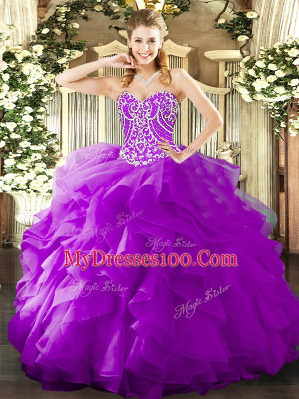 Admirable Purple Sweetheart Lace Up Beading and Ruffles Quinceanera Gowns Sleeveless