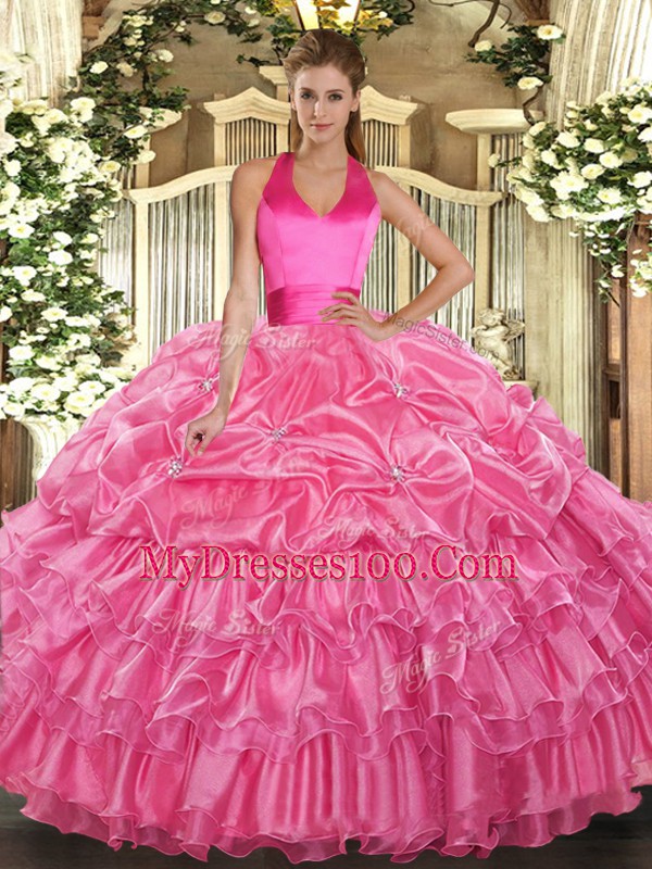 Rose Pink Ball Gowns Halter Top Sleeveless Organza Floor Length Lace Up Ruffled Layers and Pick Ups Sweet 16 Dresses