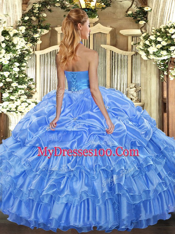 Rose Pink Ball Gowns Halter Top Sleeveless Organza Floor Length Lace Up Ruffled Layers and Pick Ups Sweet 16 Dresses